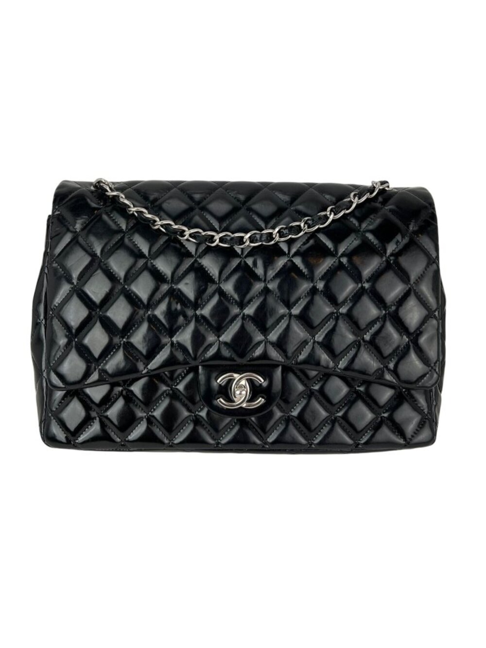Chanel Double Flap Black Patent Leather Maxi Shoulder Bag